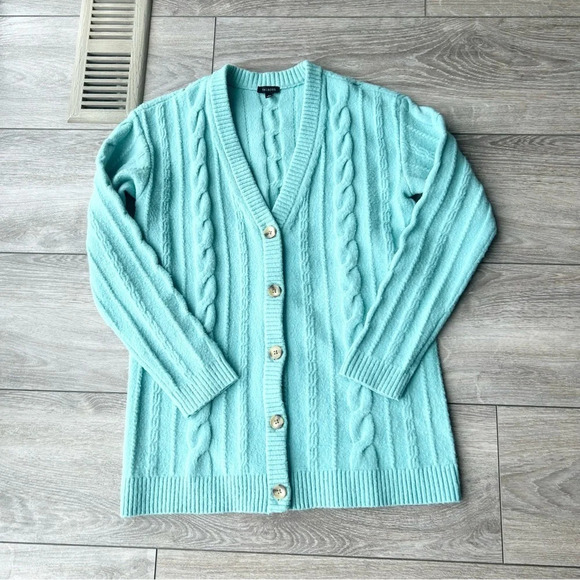 Talbots Light Blue Wool Blend Stretchy Cable Knit Cardigan - Picture 4 of 14
